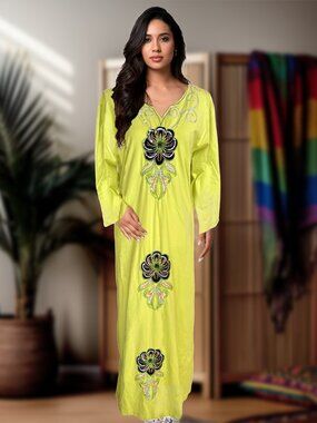 Syrian Boho Sheath Maxi Dress Lime Green Sequined Embroidered Applique Size XL